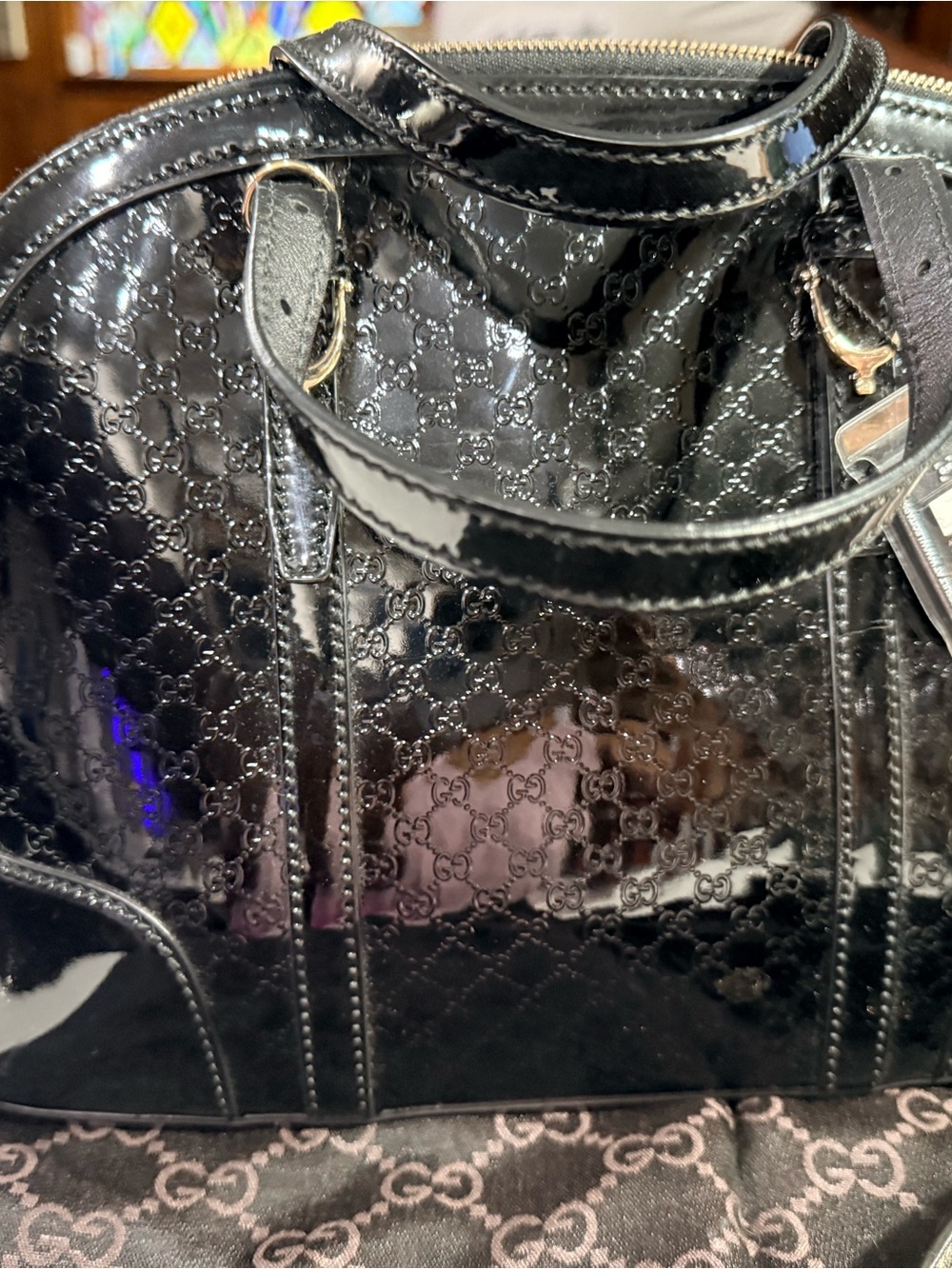 Gucci Black Patent Monogram Tote with Gold-Tone Accents